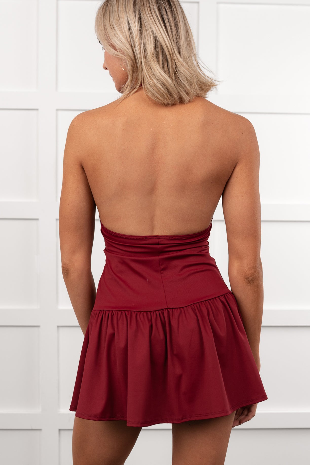 Star Moment Halter Drop Waist Mini Dress (Wine) - NanaMacs