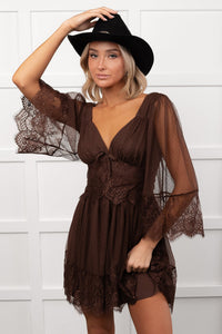 Ethereal Aura Dotted Mesh Mini Dress (Chocolate)