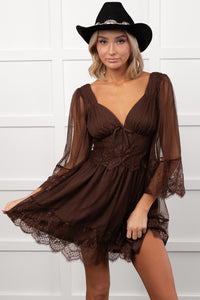 Ethereal Aura Dotted Mesh Mini Dress (Chocolate)