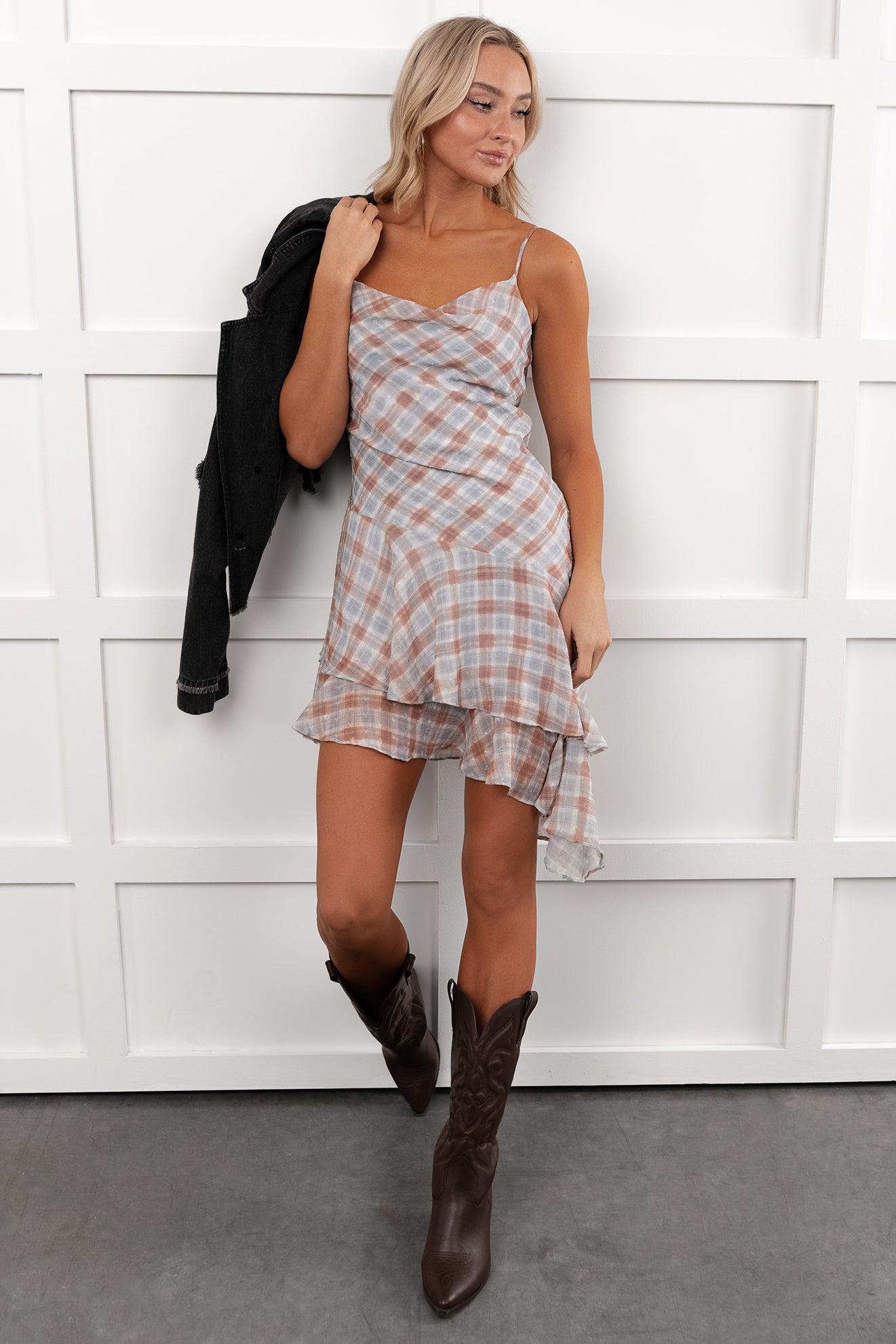 Women's Queening Out Plaid Asymmetrical Mini Dress in Taupe/Grey - Size L Women's Queening Out Plaid Asymmetrical Mini Dress in Taupe/Grey - Size L