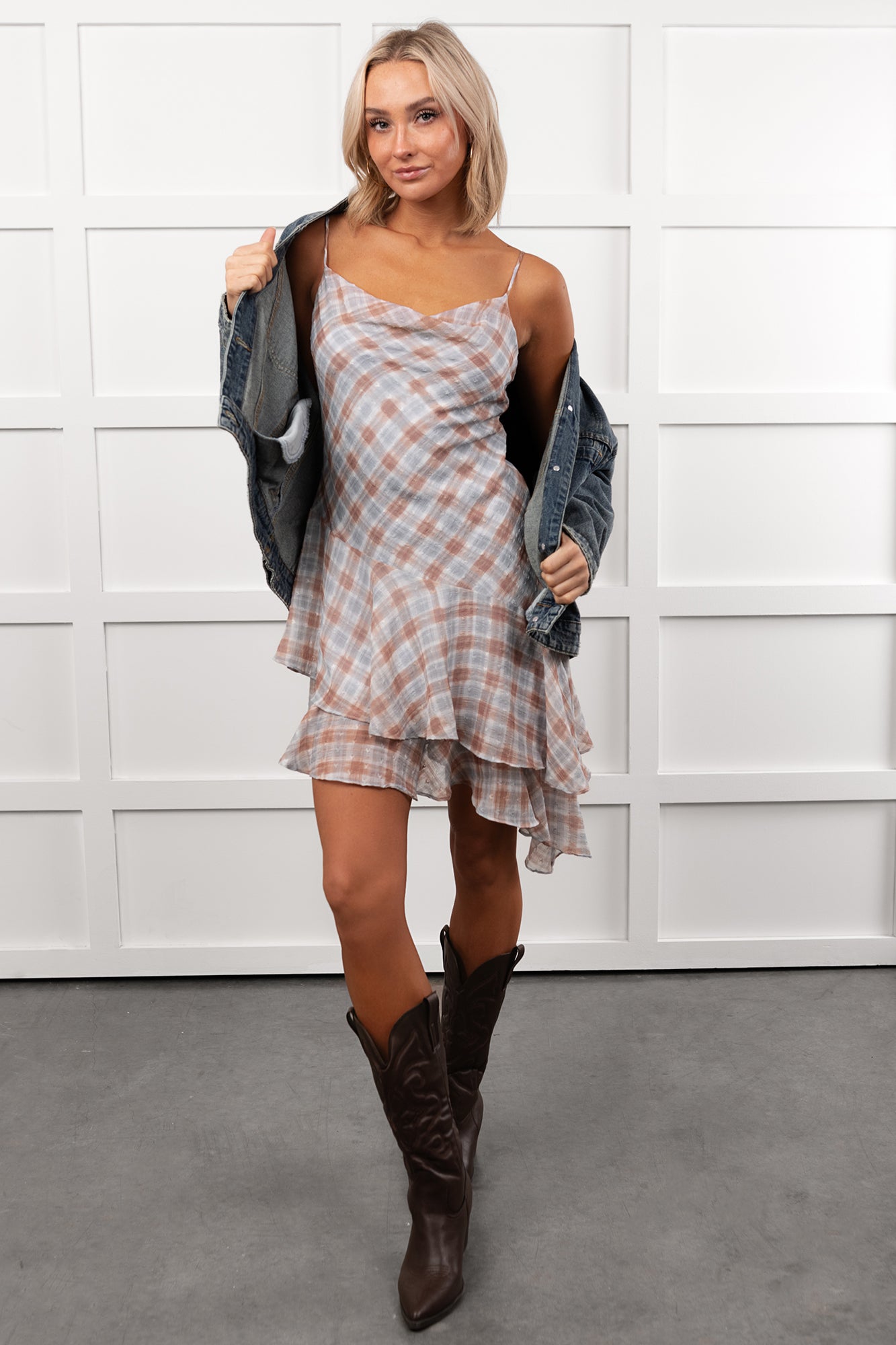 Women's Queening Out Plaid Asymmetrical Mini Dress in Taupe/Grey - Size L Women's Queening Out Plaid Asymmetrical Mini Dress in Taupe/Grey - Size L