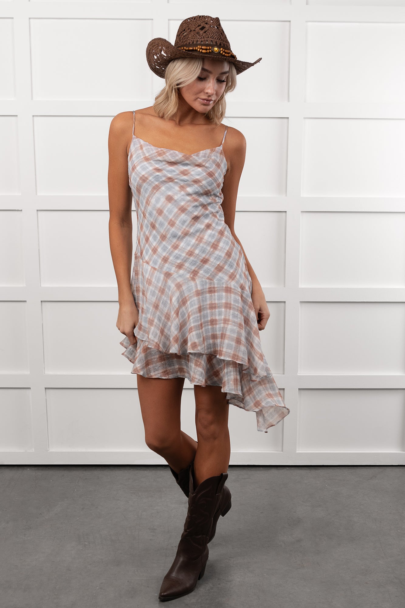 Queening Out Plaid Asymmetrical Mini Dress (Taupe/Grey)