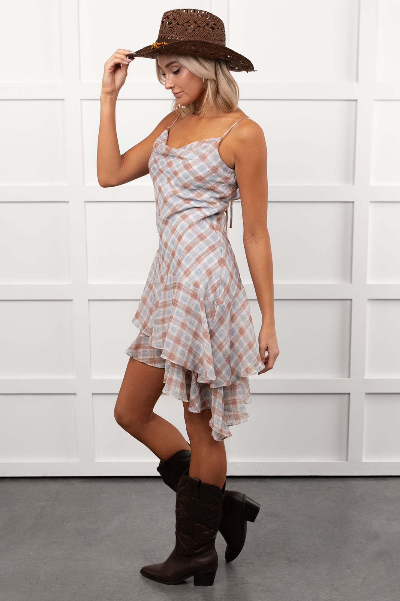 Queening Out Plaid Asymmetrical Mini Dress (Taupe/Grey)