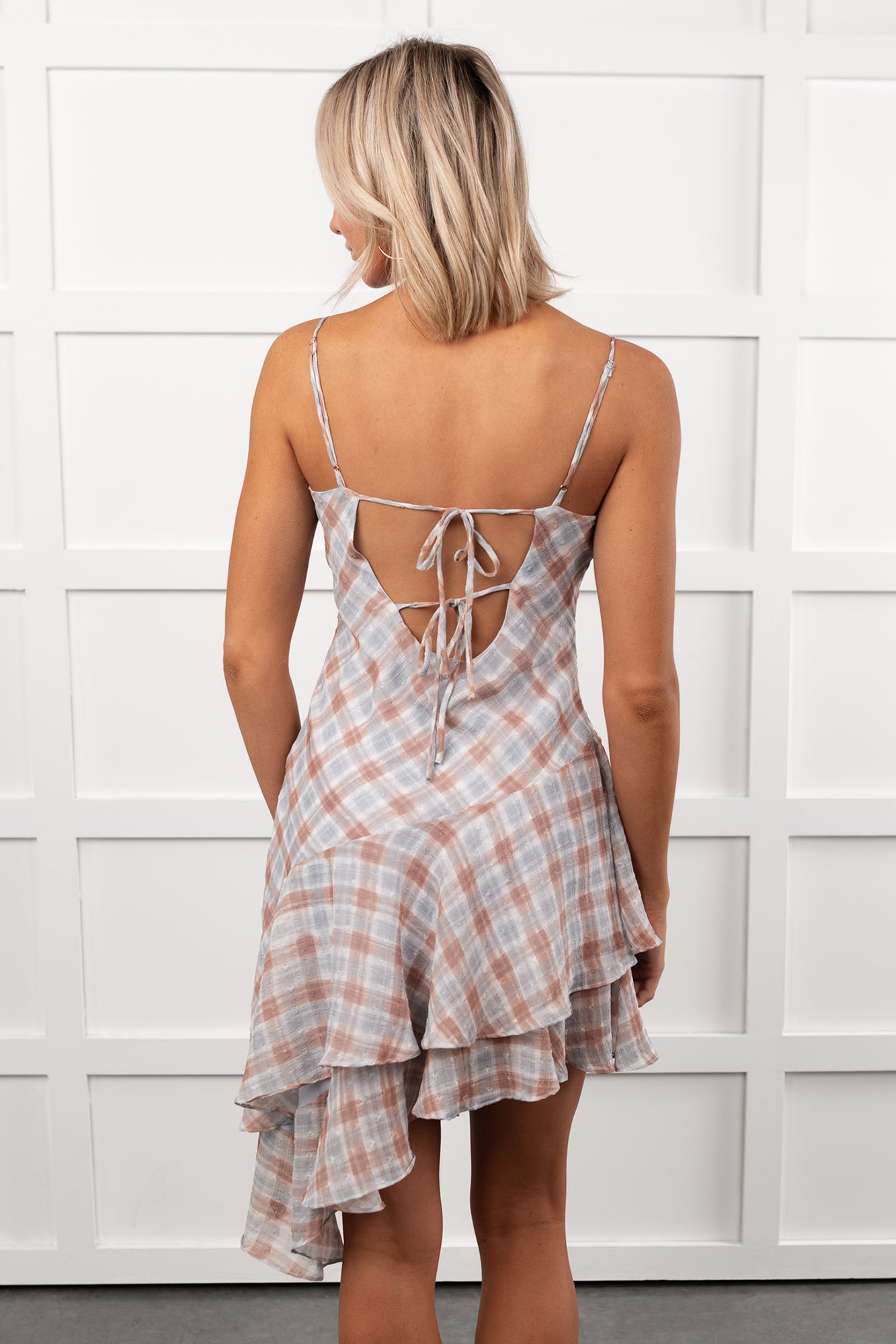 Women's Queening Out Plaid Asymmetrical Mini Dress in Taupe/Grey - Size L Women's Queening Out Plaid Asymmetrical Mini Dress in Taupe/Grey - Size L