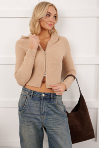 Quietly Content Zip-Up Hooded Knit Jacket (Mocha) - NanaMacs