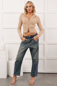 Quietly Content Zip-Up Hooded Knit Jacket (Mocha) - NanaMacs