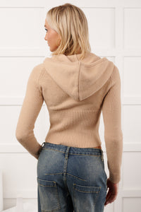 Quietly Content Zip-Up Hooded Knit Jacket (Mocha) - NanaMacs