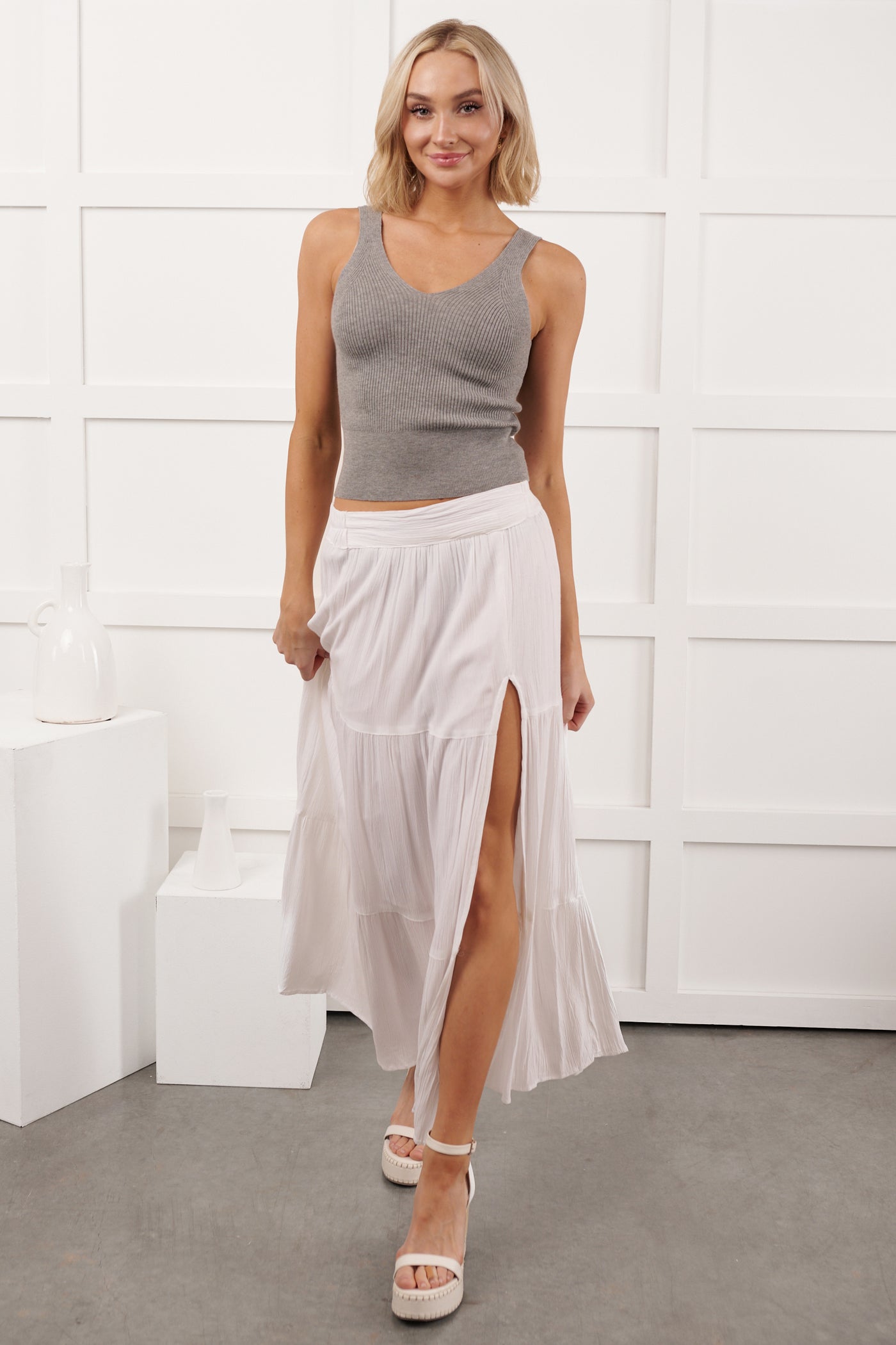 Ease Into Me Ribbed Knit Sleeveless Top (Grey)