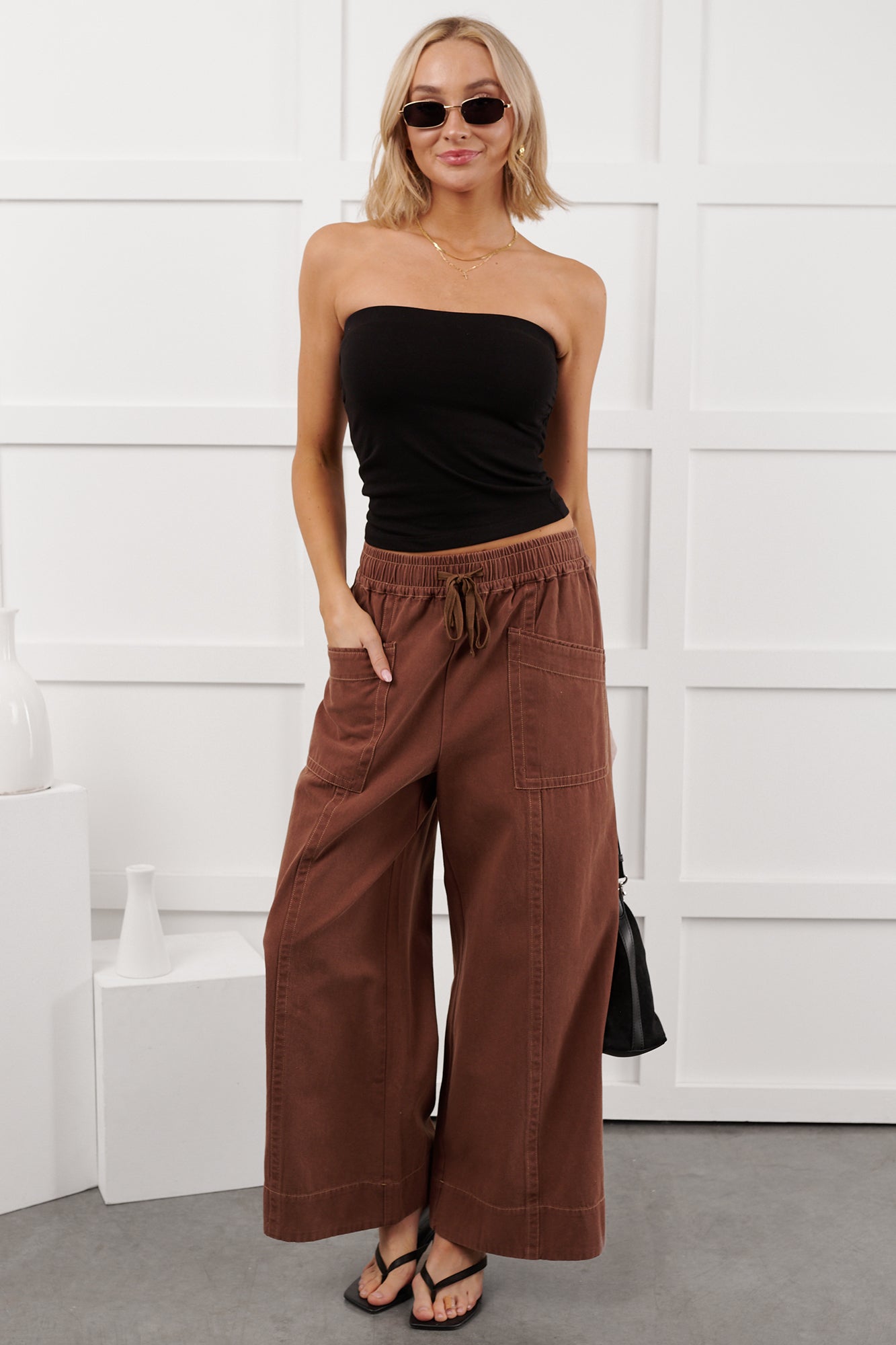 Hurley High Rise Wide Leg Mitto Shop Pants (Cocoa) - NanaMacs