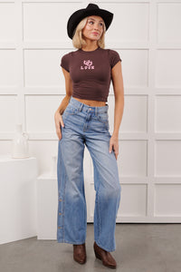 "Luck" Horseshoe Graphic Print Crop Top (Brown)