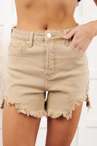 Fresh Take High Rise Distressed Risen Denim Shorts (Sand) - NanaMacs