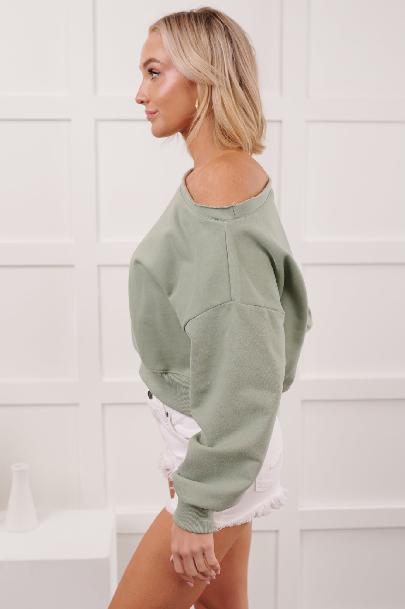 Soft Sunday Off The Shoulder Sweatshirt (Sage)