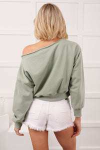 Soft Sunday Off The Shoulder Sweatshirt (Sage)