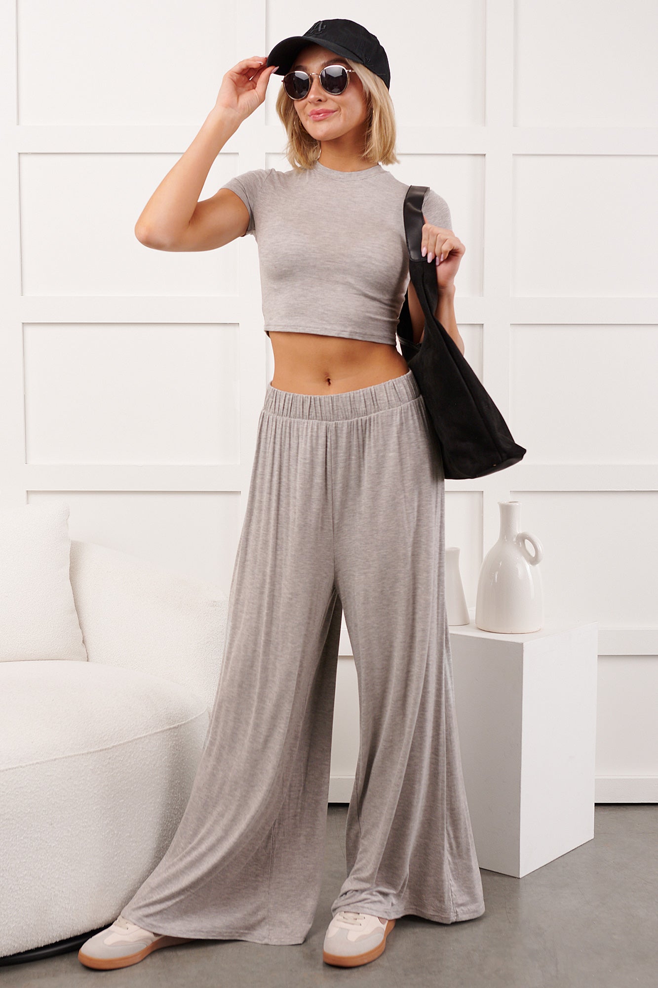 Always True Crop Top Wide Leg Pants Set (Heather Grey)