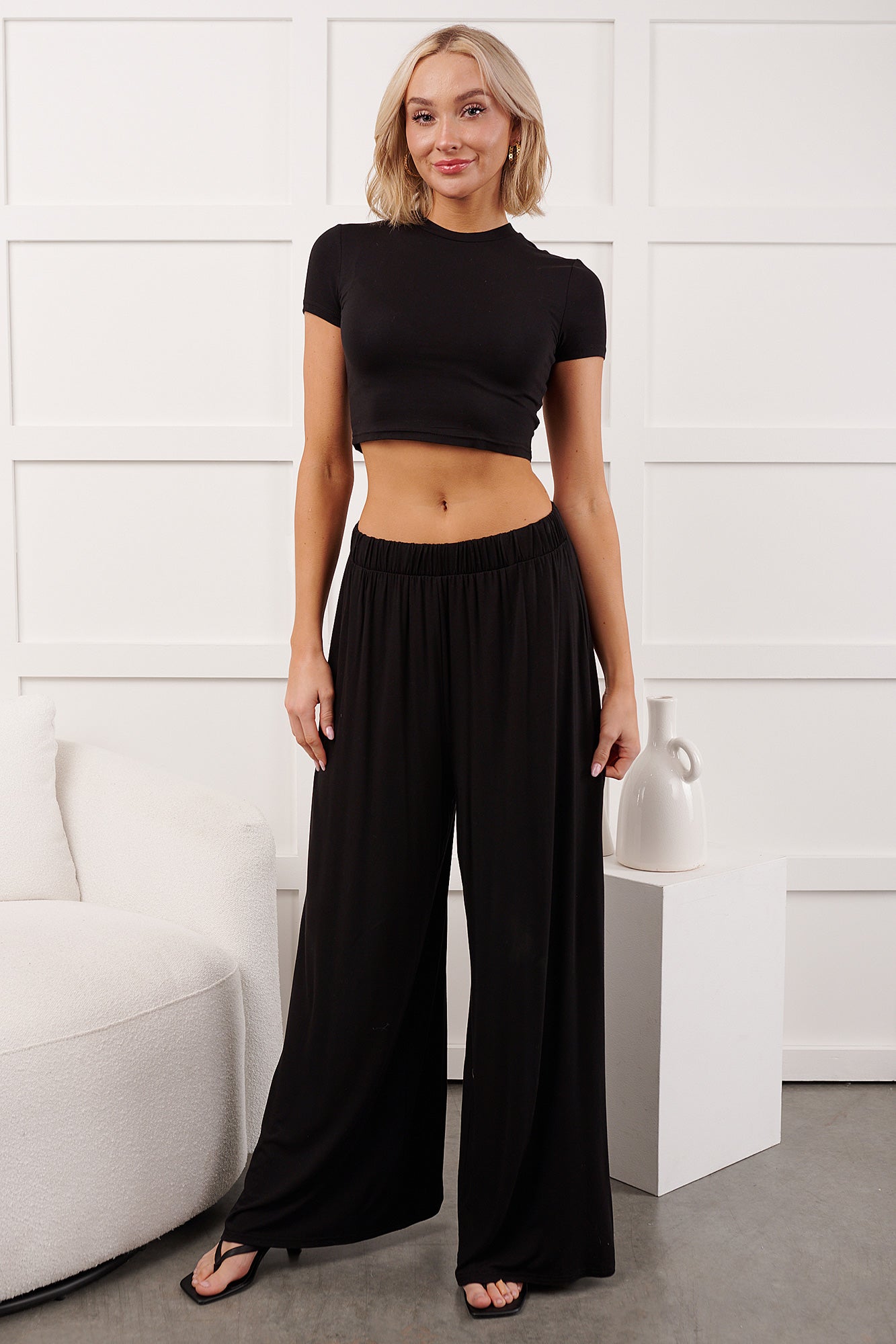 Always True Crop Top Wide Leg Pants Set (Black) - NanaMacs
