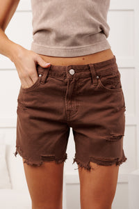 Hogan High Rise Mica Denim Distressed Jean Shorts (Dark Espresso) - NanaMacs