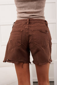 Hogan High Rise Mica Denim Distressed Jean Shorts (Dark Espresso) - NanaMacs