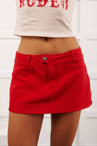 For The Last Time Mid Rise Denim Mini Skort (Red)