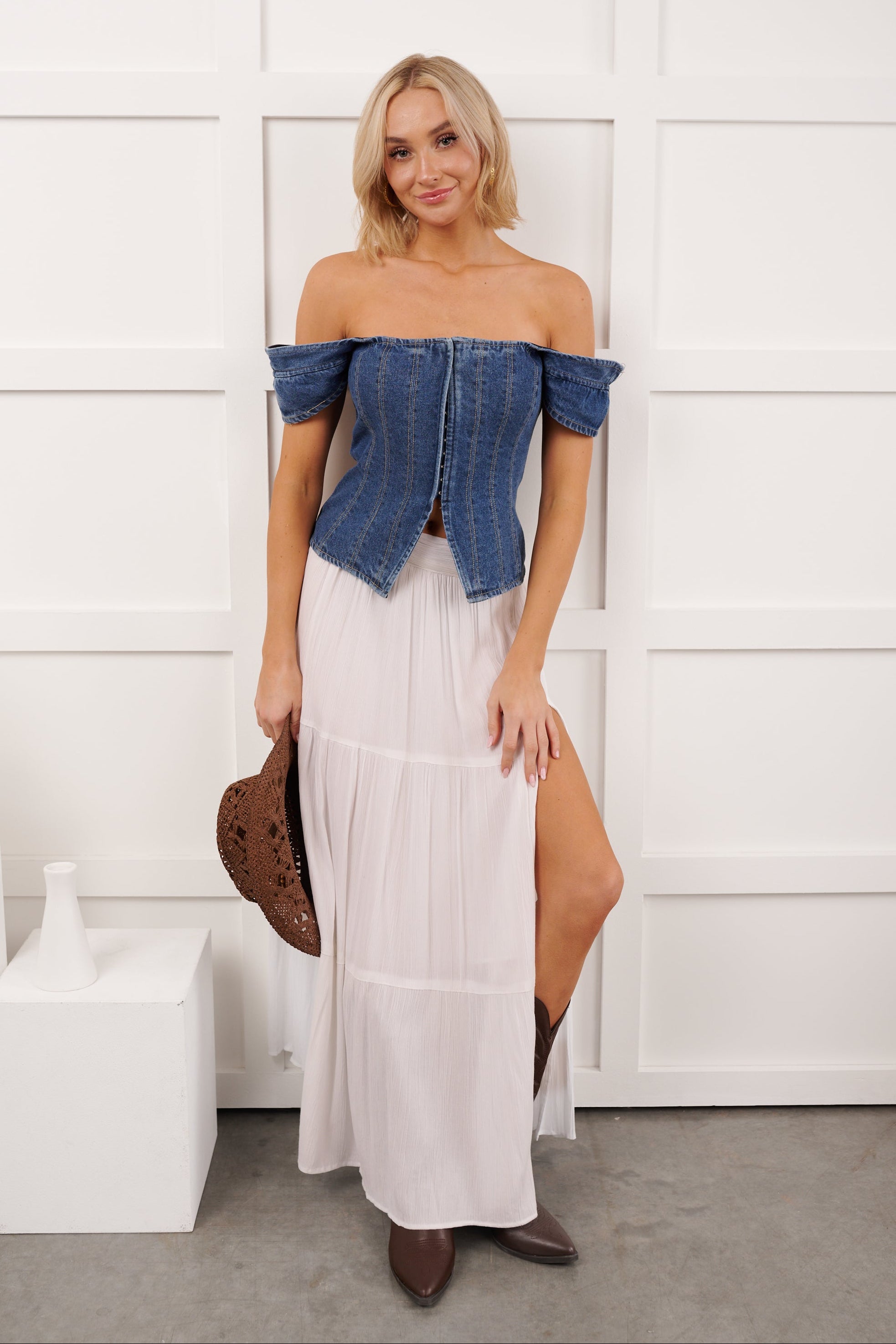 Rouge Tinted Square Neck Corset Style Top (Denim)