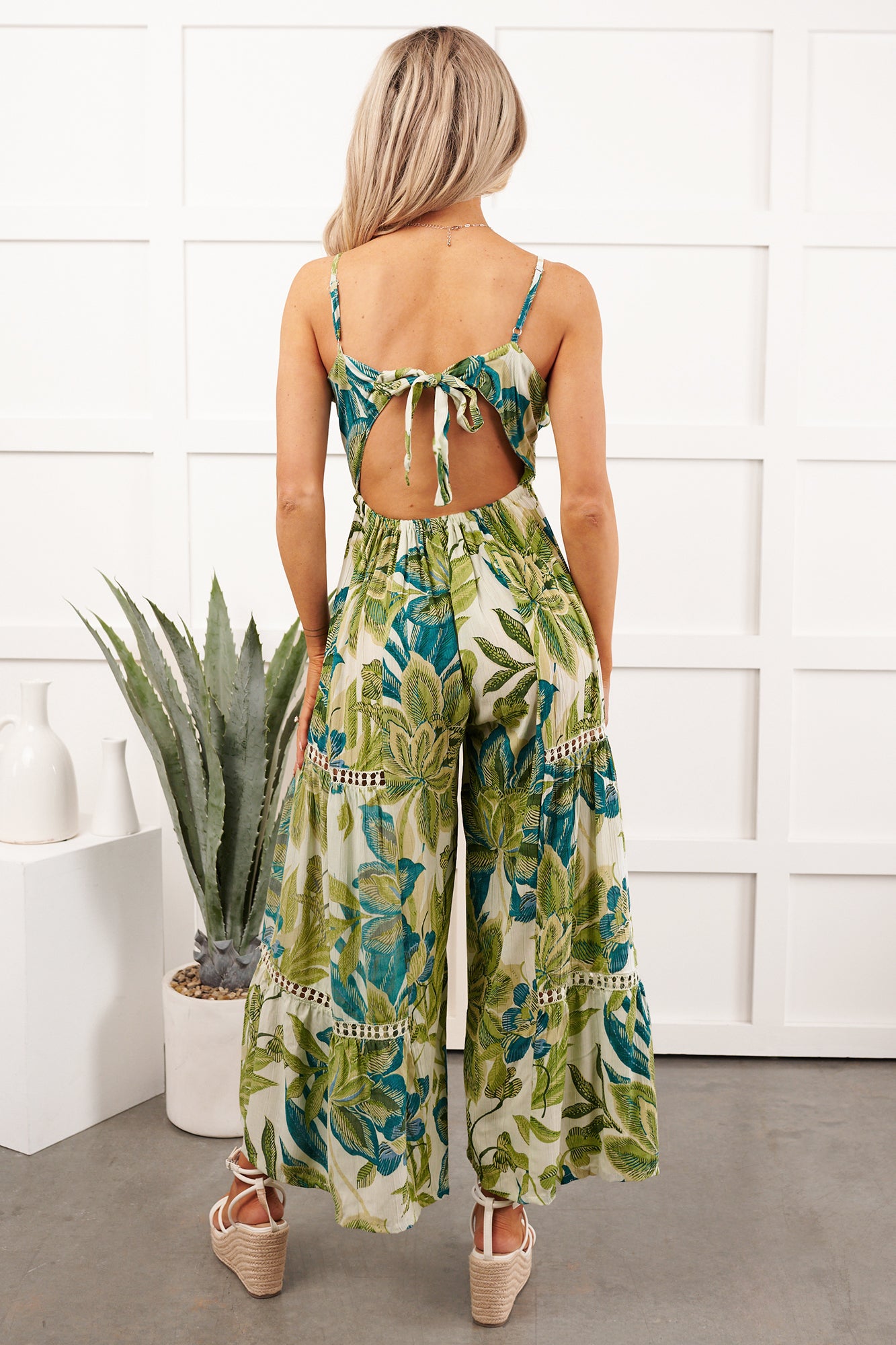 Island Flirt Open Back Floral Jumpsuit (Ivory/Green) - NanaMacs