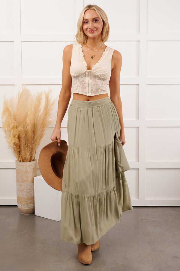 Darling Moments Tiered Slit Maxi Skirt (Sage)