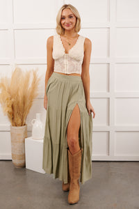 Darling Moments Tiered Slit Maxi Skirt (Sage) - NanaMacs