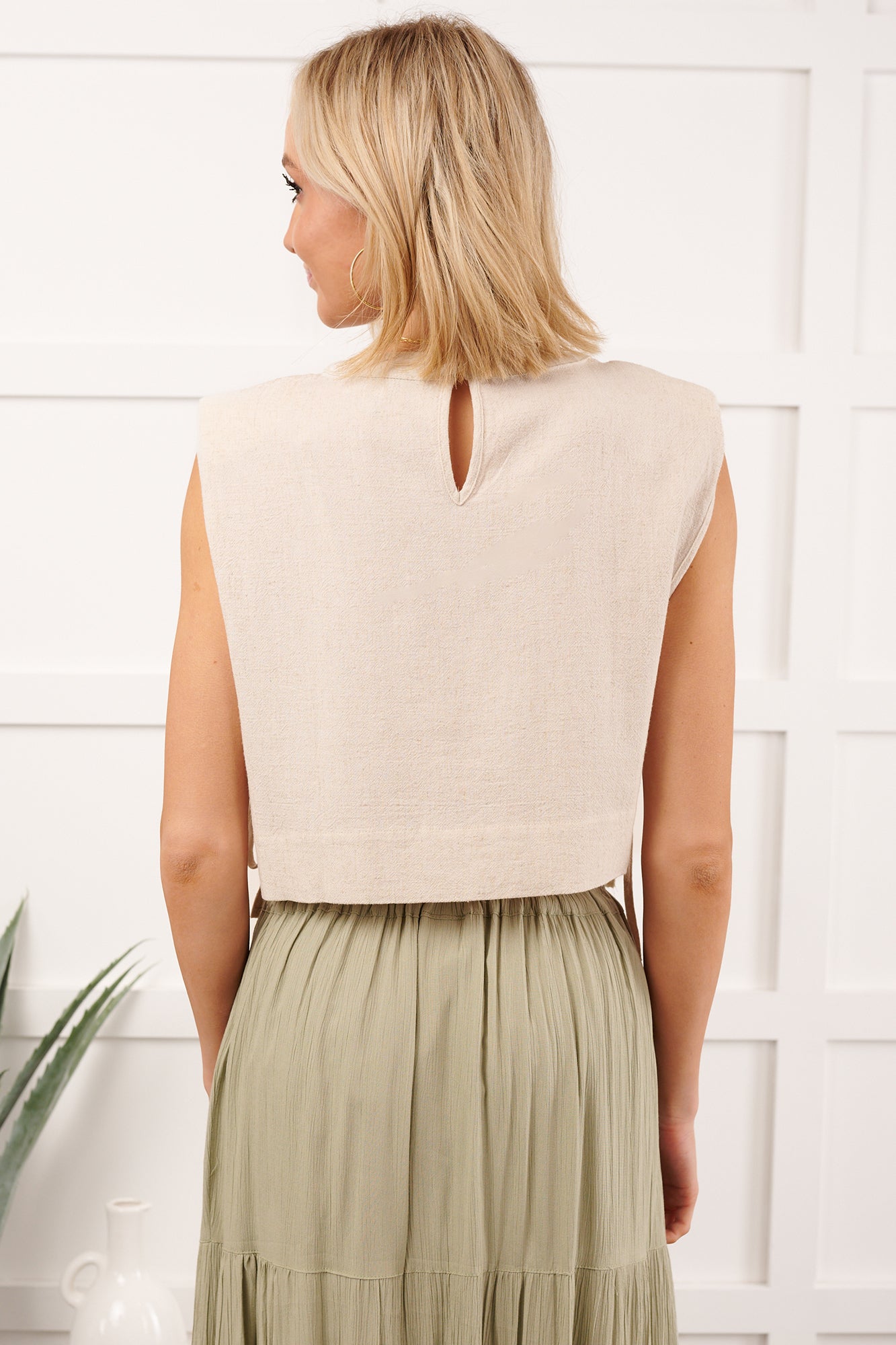 Simply Divided Sleeveless Side Tie Linen Top (Oatmeal) - NanaMacs