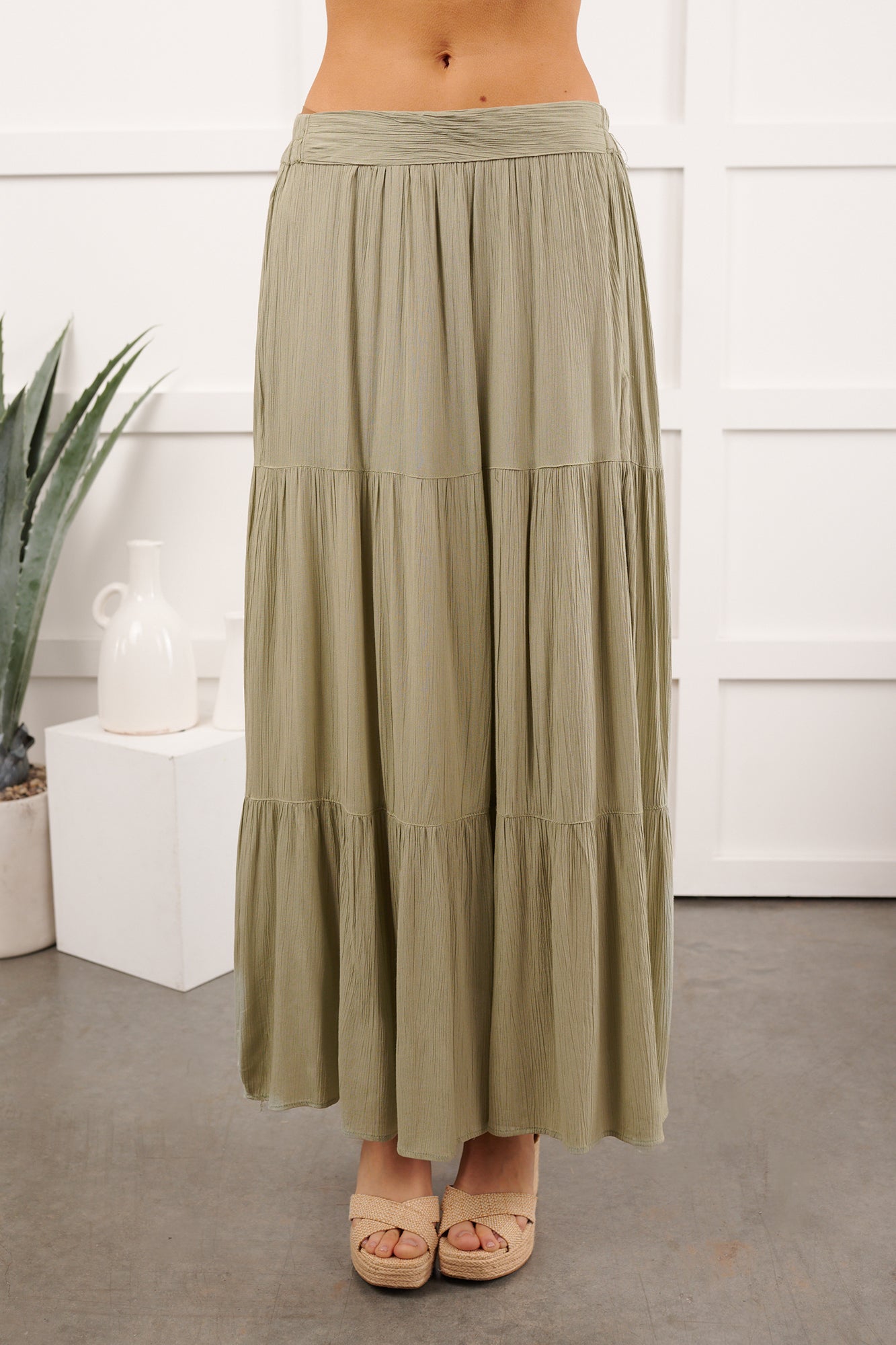 Darling Moments Tiered Slit Maxi Skirt (Sage) - NanaMacs