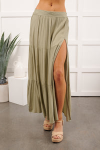 Darling Moments Tiered Slit Maxi Skirt (Sage) - NanaMacs