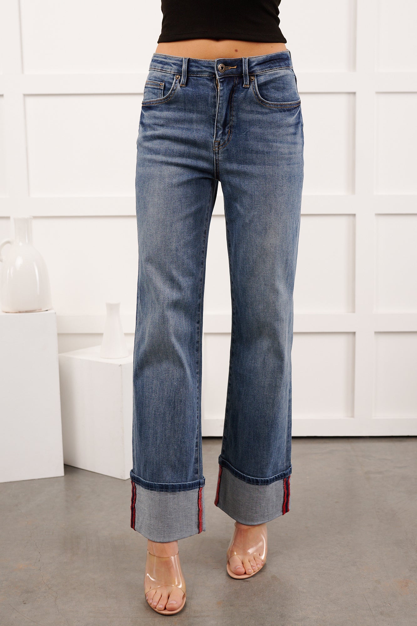 Moises Wide Leg Cuffed Mica Denim Jeans (Porto Blue) - NanaMacs
