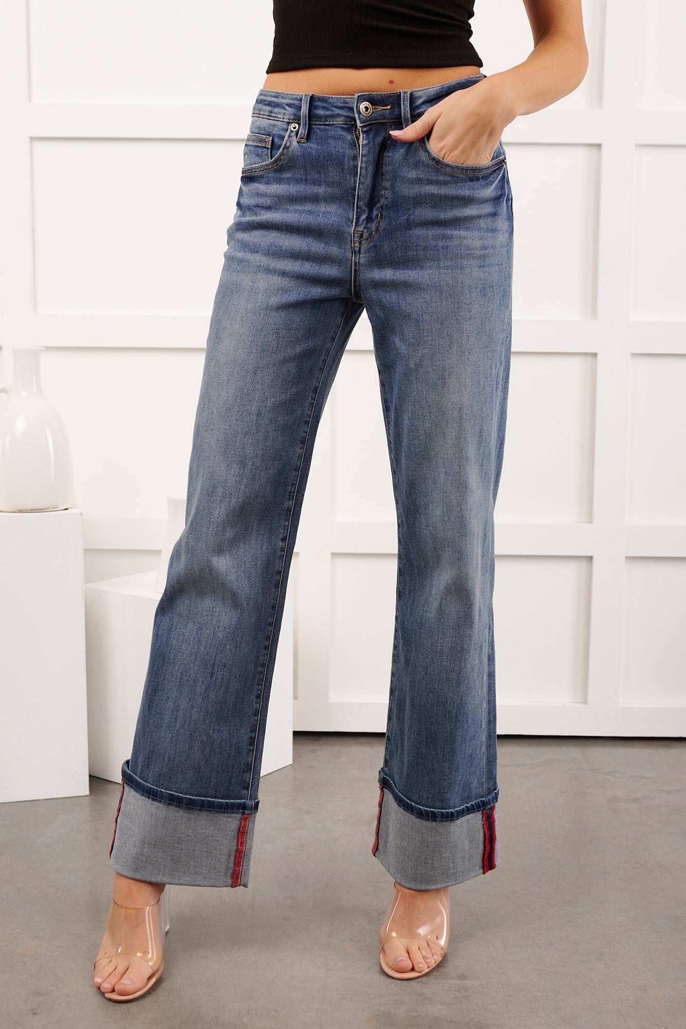 Moises Wide Leg Cuffed Mica Denim Jeans (Porto Blue) - NanaMacs