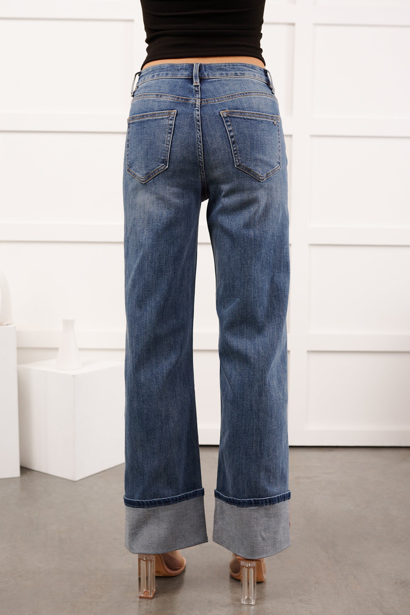 Moises Wide Leg Cuffed Mica Denim Jeans (Porto Blue) - NanaMacs