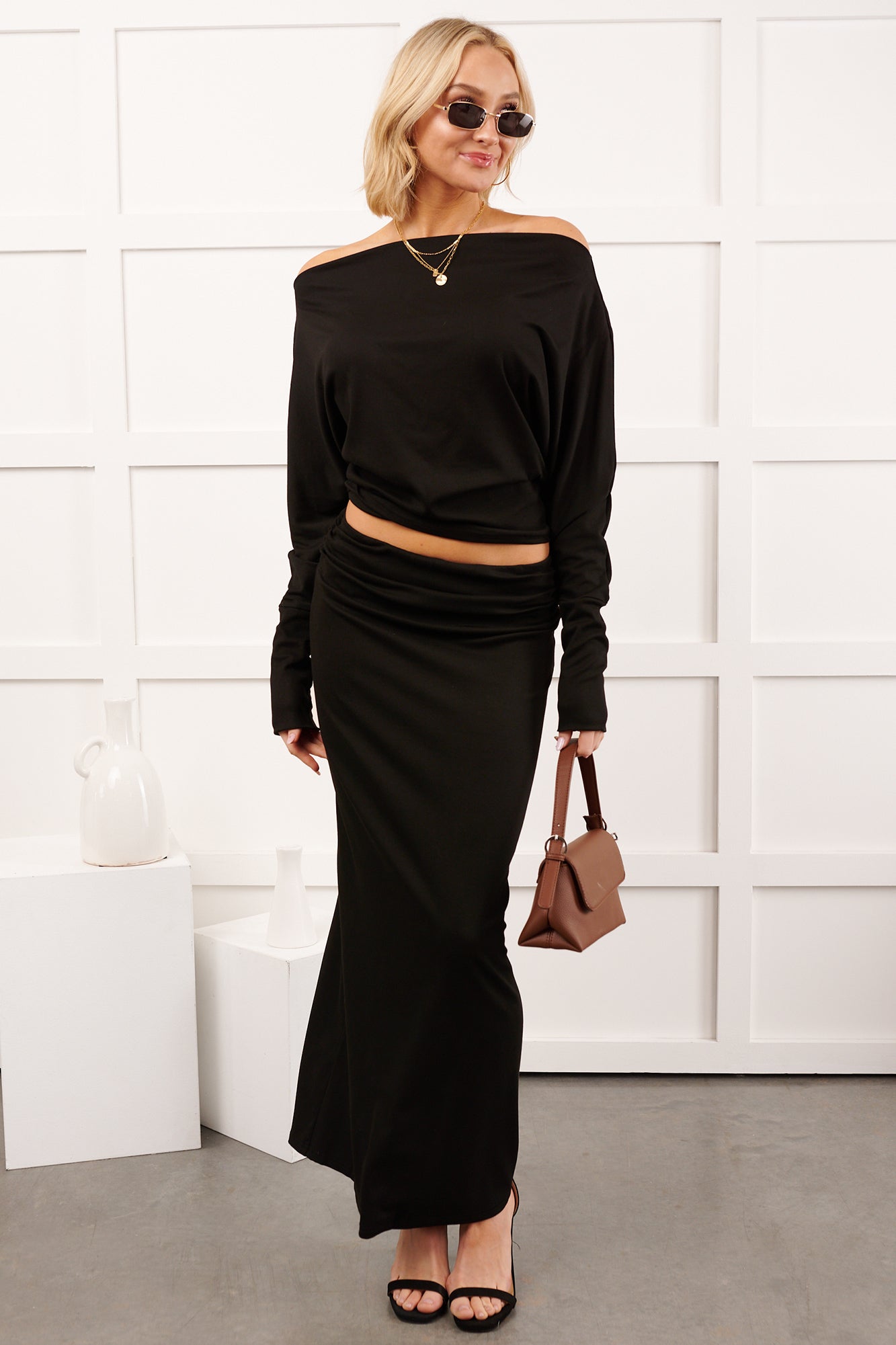 Nestle In Now Long Sleeve Maxi Skirt Set (Black) - NanaMacs