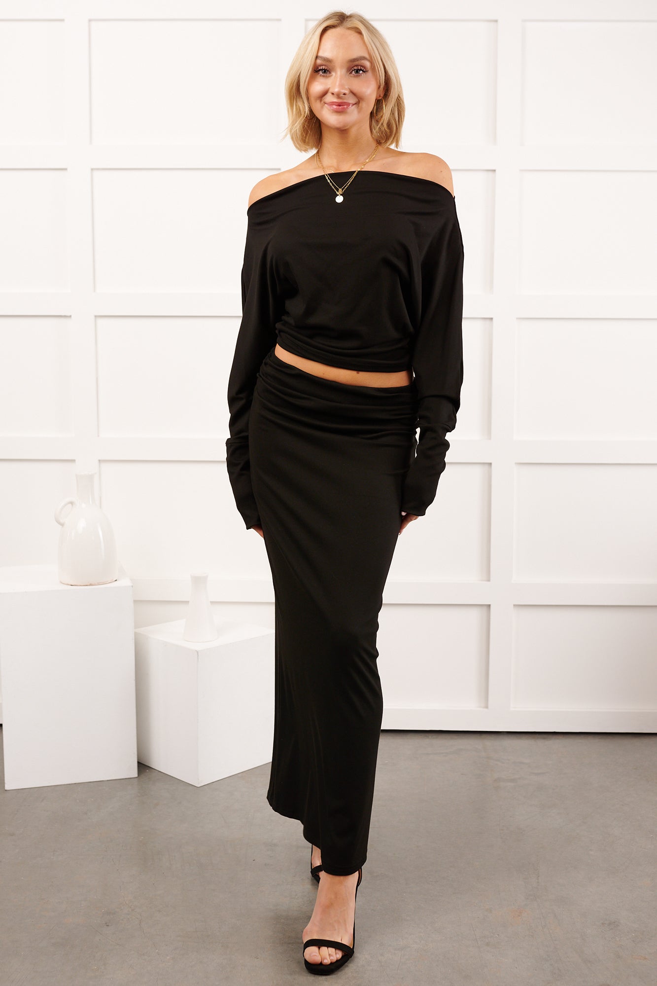 Nestle In Now Long Sleeve Maxi Skirt Set (Black) - NanaMacs