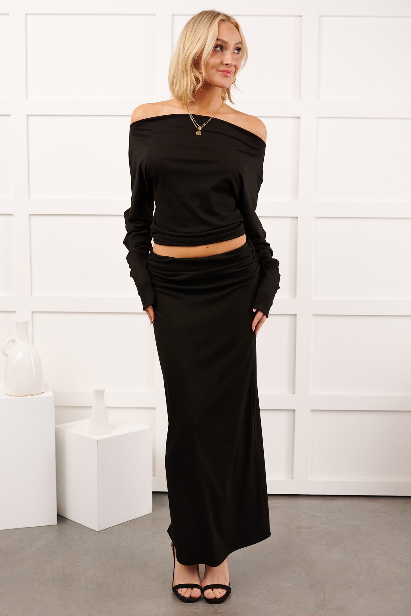 Nestle In Now Long Sleeve Maxi Skirt Set (Black) - NanaMacs