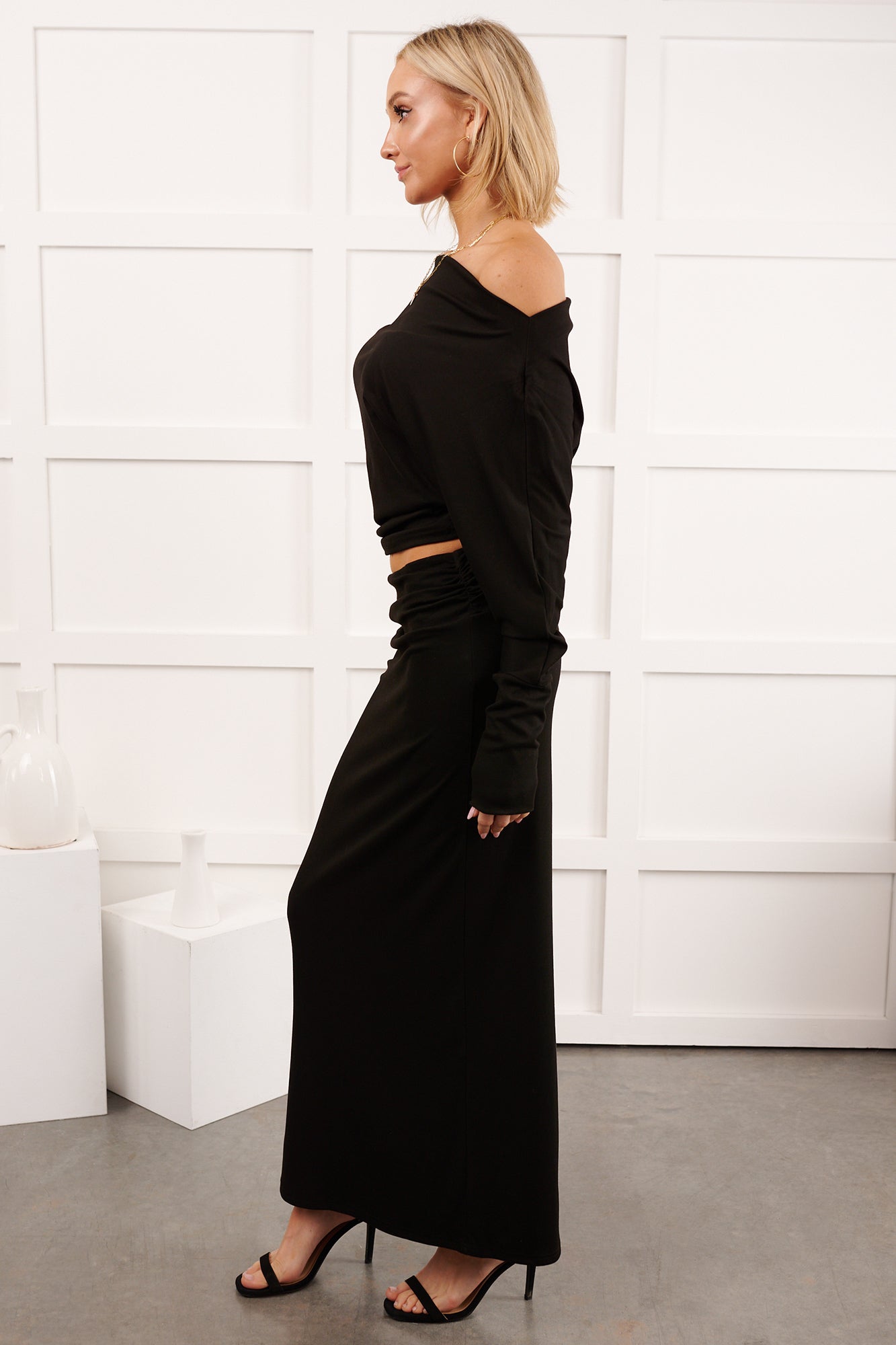 Nestle In Now Long Sleeve Maxi Skirt Set (Black) - NanaMacs