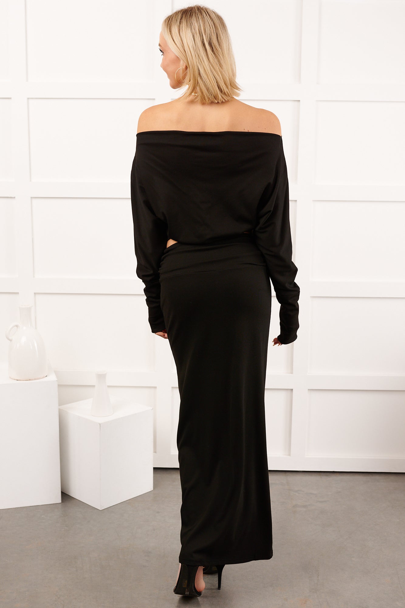 Nestle In Now Long Sleeve Maxi Skirt Set (Black) - NanaMacs