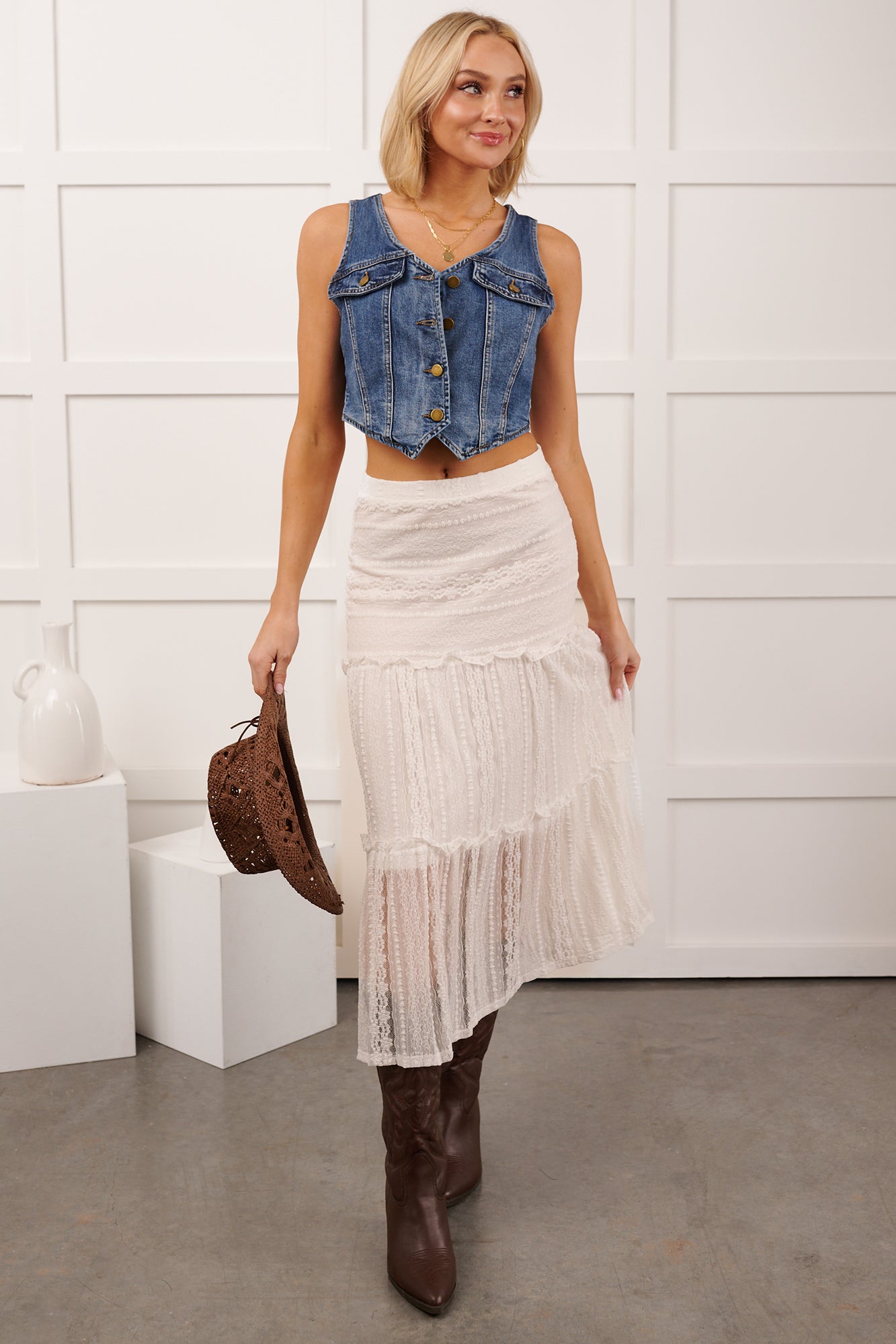 Lacy Daze Tiered Lace Midi Skirt (Off White) - NanaMacs