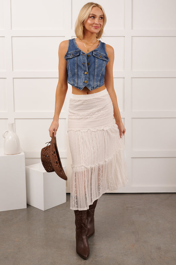 Lacy Daze Tiered Lace Midi Skirt (Off White)