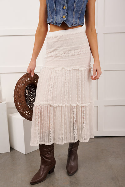 Lacy Daze Tiered Lace Midi Skirt (Off White)
