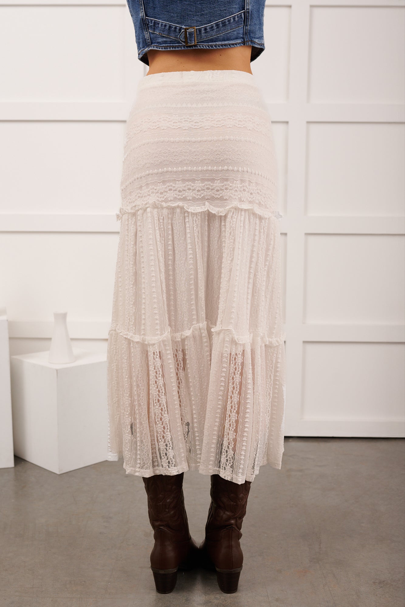 Lacy Daze Tiered Lace Midi Skirt (Off White) - NanaMacs