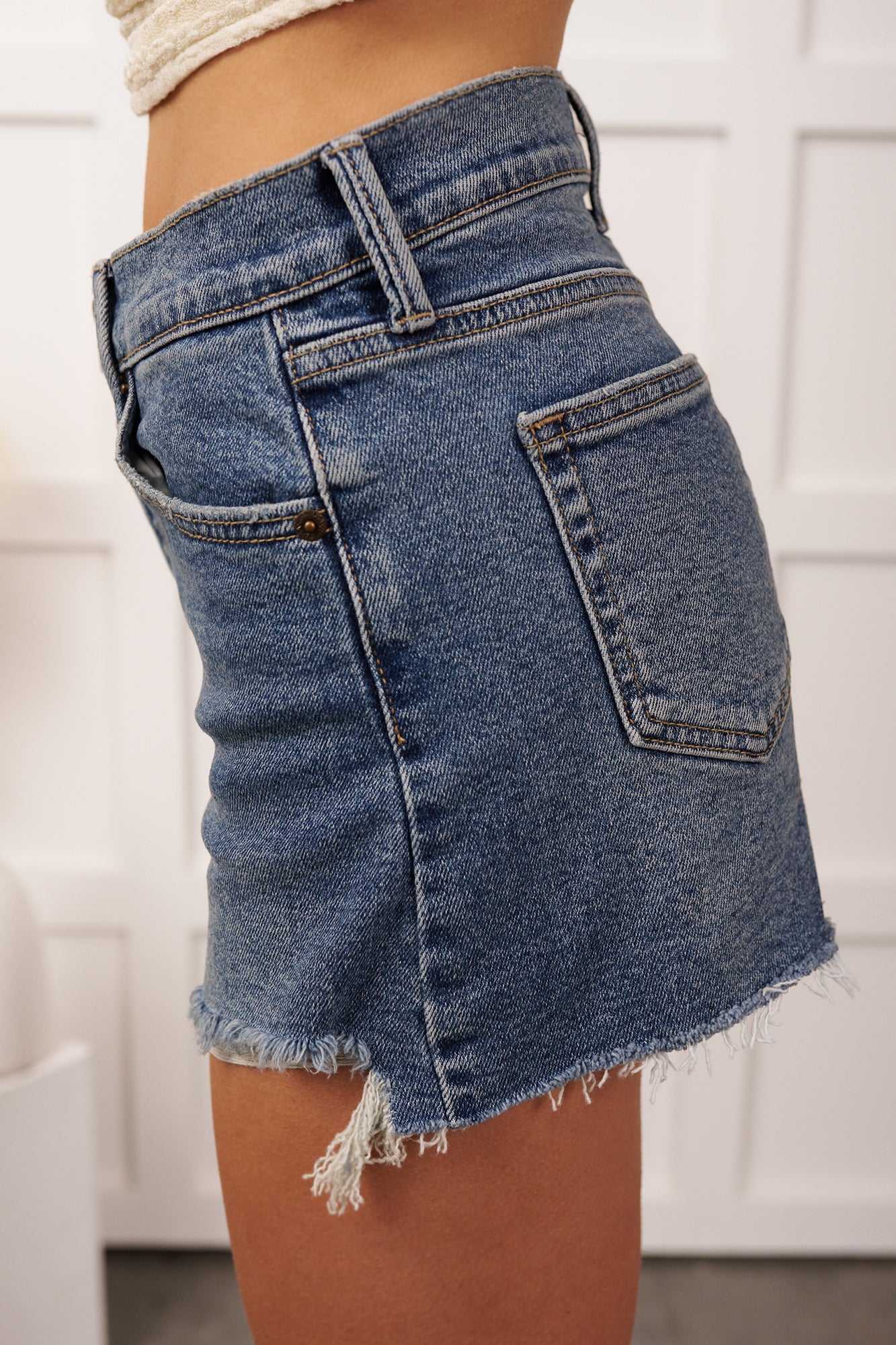 Colten Distressed High-Low Jean Shorts (Medium Denim) - NanaMacs
