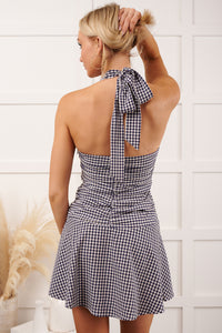 Lucky Heart Halter Mini Dress (Navy/White/Gingham) - NanaMacs