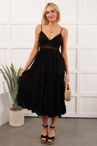 Soft Twirl Tiered Crochet Bodice Midi Dress (Black) - NanaMacs