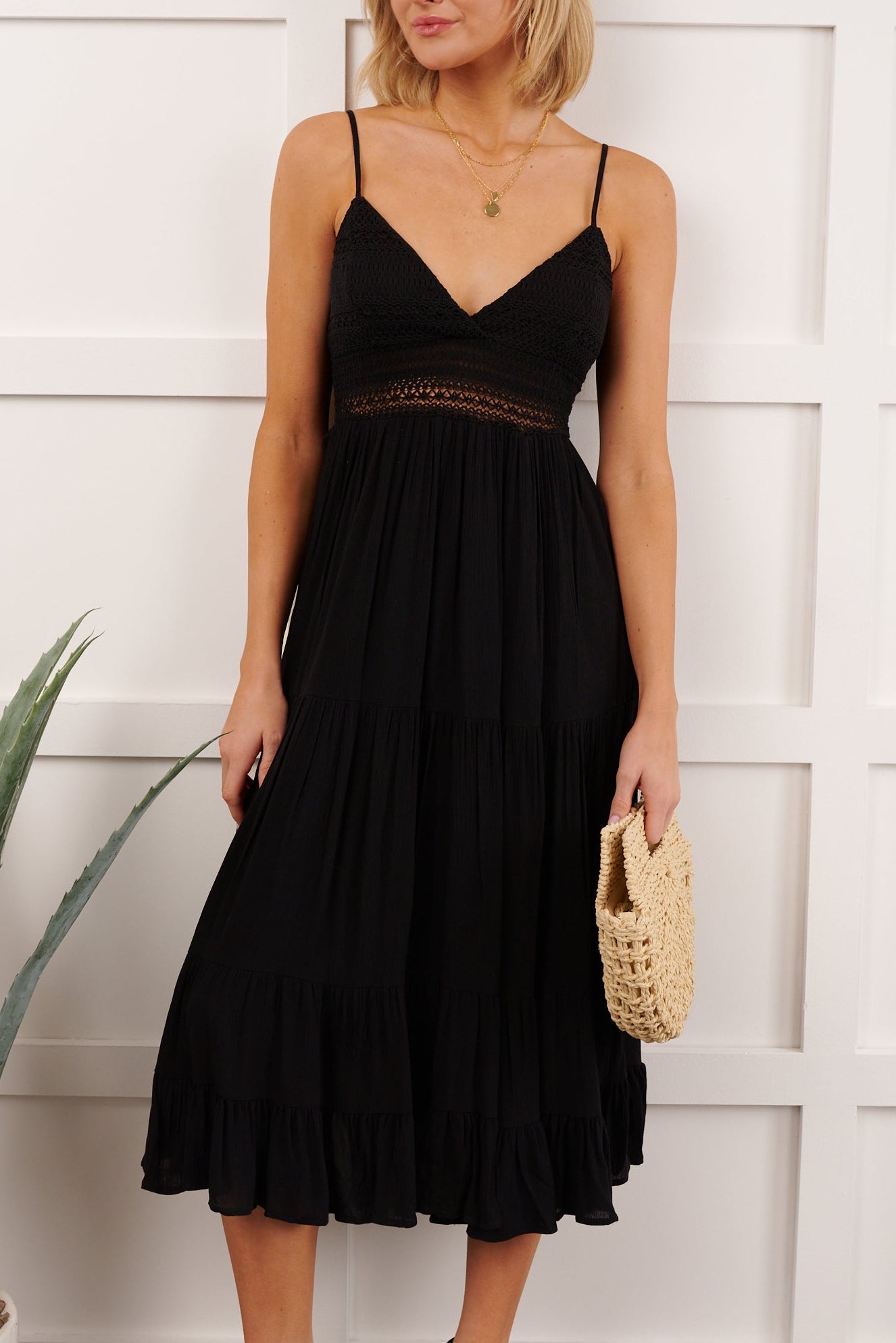 Soft Twirl Tiered Crochet Bodice Midi Dress (Black) - NanaMacs