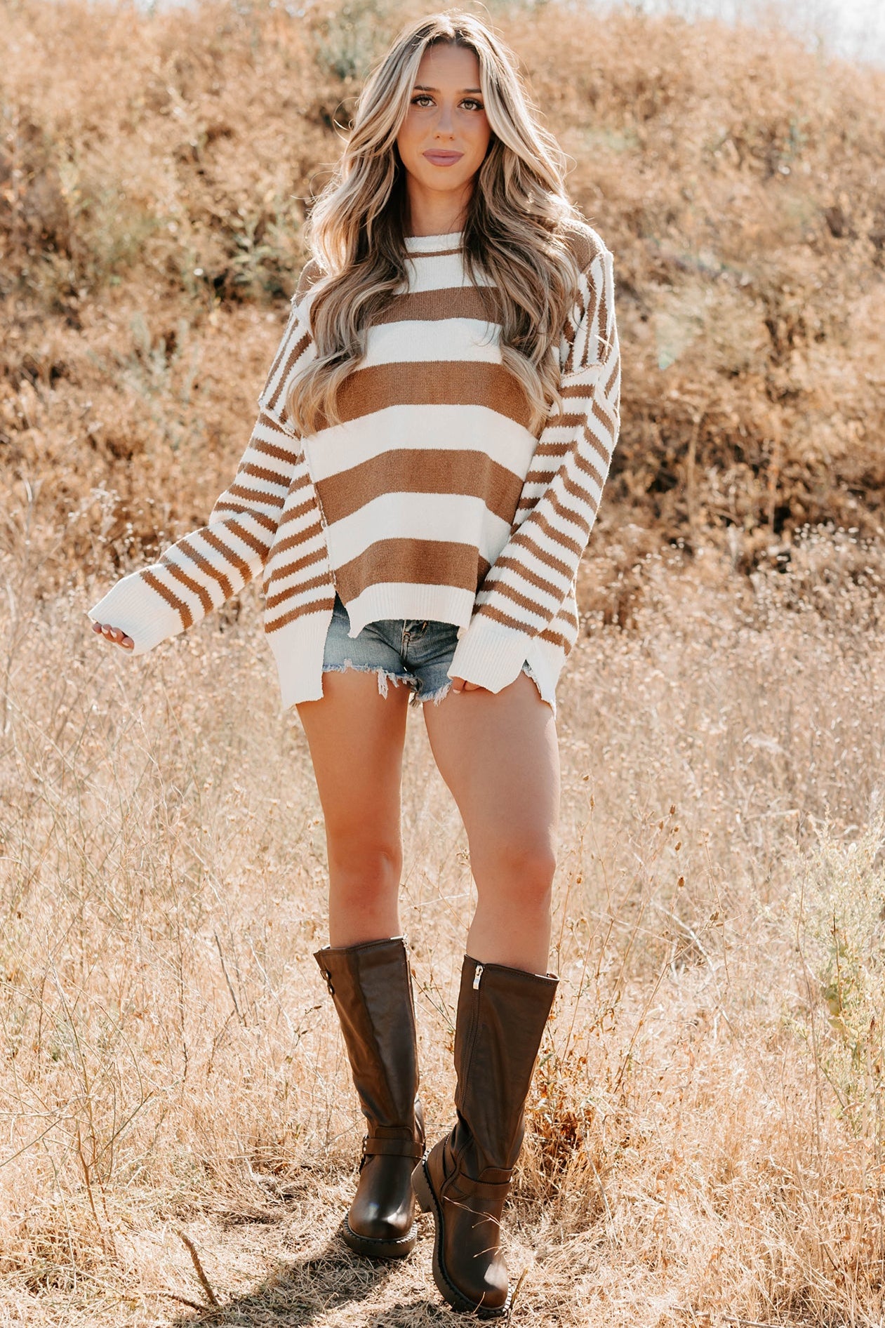 Backseat Glam Long Sleeve Stripe Sweater (Cream/Taupe) - NanaMacs