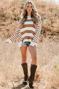 Backseat Glam Long Sleeve Stripe Sweater (Cream/Taupe) - NanaMacs