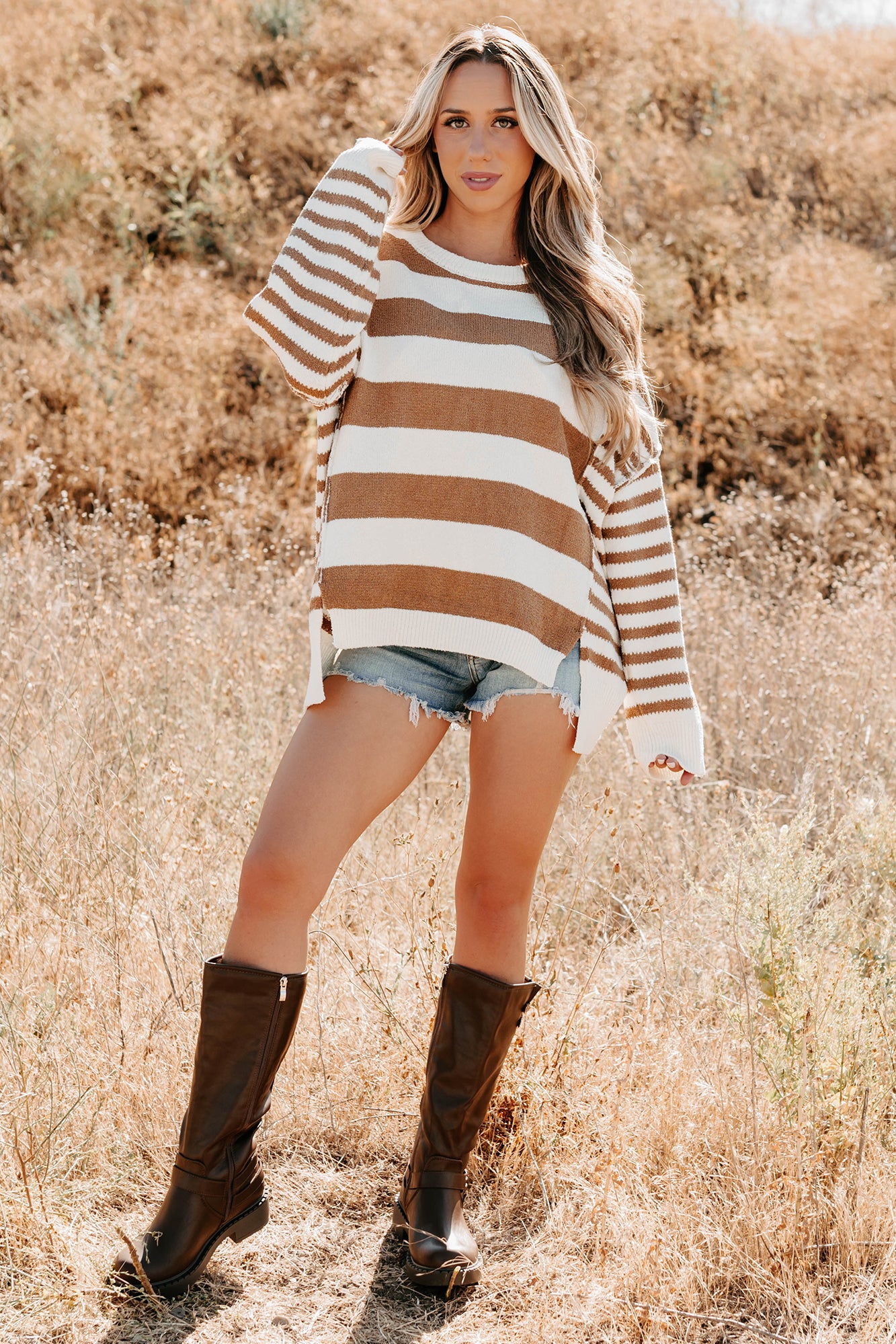 Backseat Glam Long Sleeve Stripe Sweater (Cream/Taupe) - NanaMacs