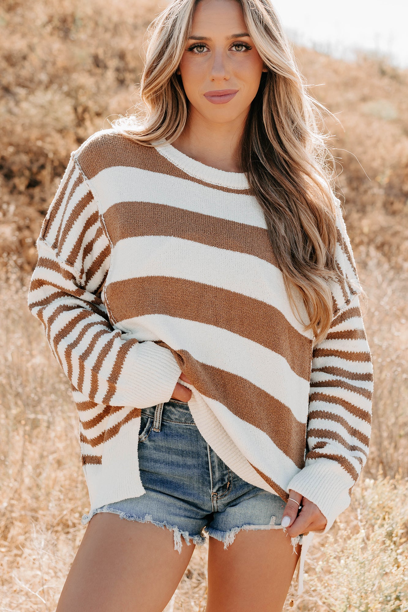 Backseat Glam Long Sleeve Stripe Sweater (Cream/Taupe) - NanaMacs