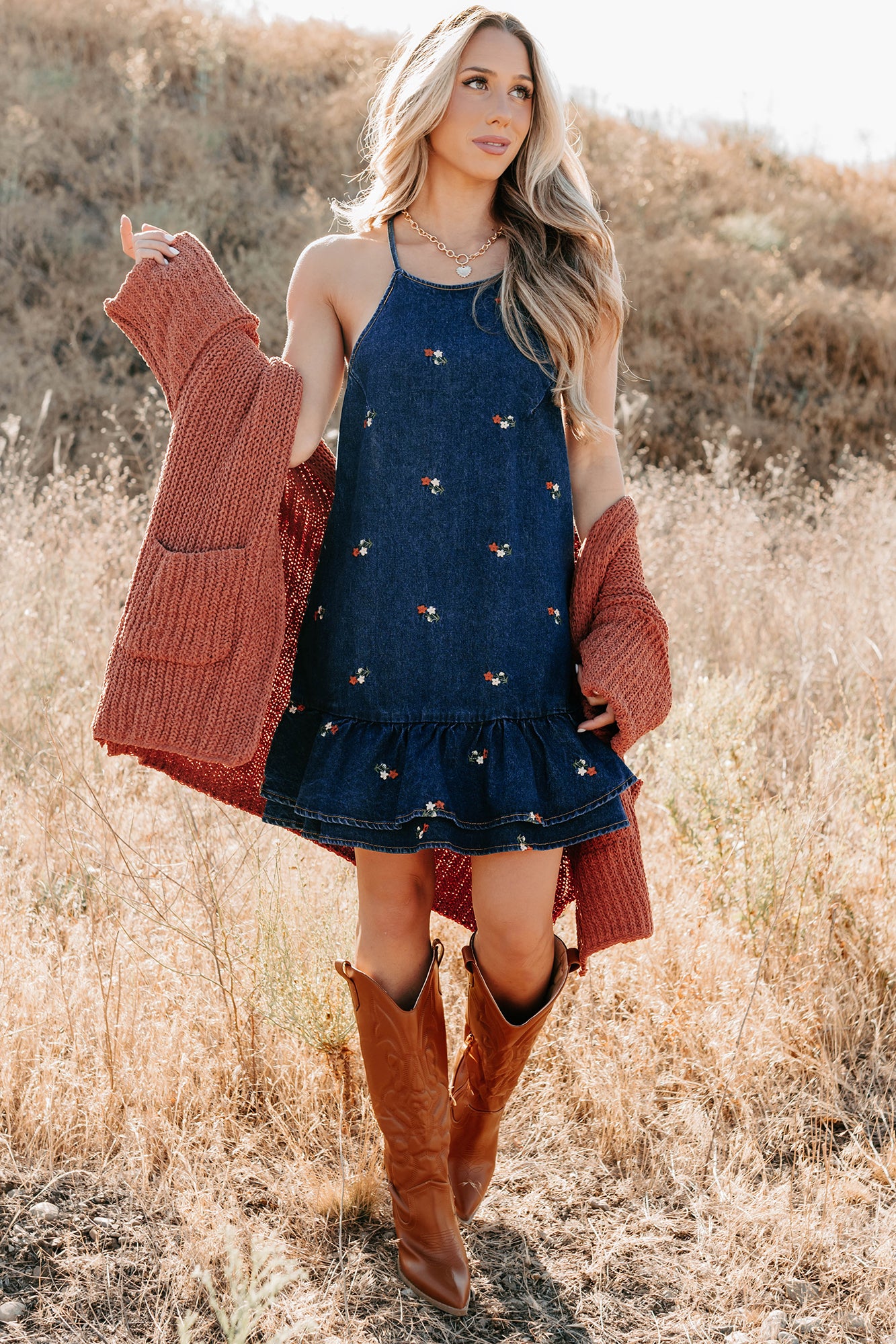 Graceful Grit Halter Floral Mini Dress (Dark Denim) - NanaMacs